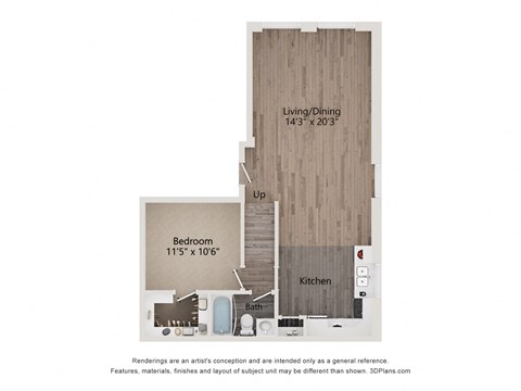Floor plan for 1 bed, 1 bath, 732 sqft